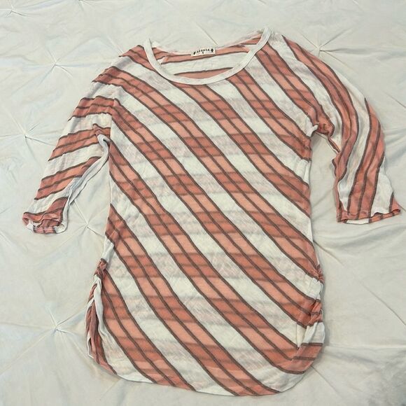 Agenda Women's Peach Diagonal Stripes 3/4 Sleeves Ruche Sides Blouse Top Medium - Picture 1 of 8